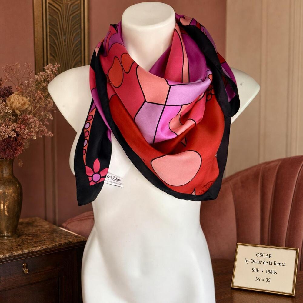 Vintage Oscar by Oscar de la Renta Silk Scarf 1980s Psychedelic Mod Floral 35x35
